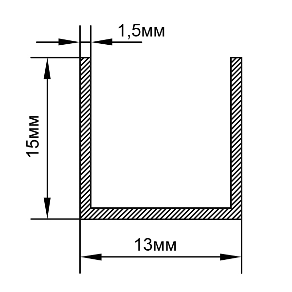 Алюминиевый П-образный швеллер 13х15х1,5
