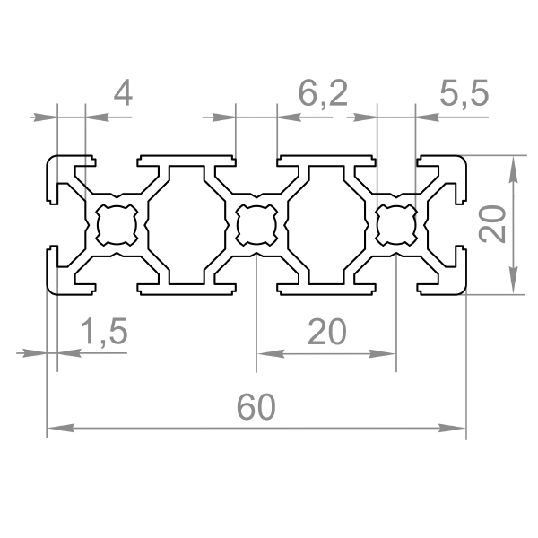 верстатний алюмінієвий профіль 20х60 T-слот верстатний алюмінієвий профіль 20х60 T-слот